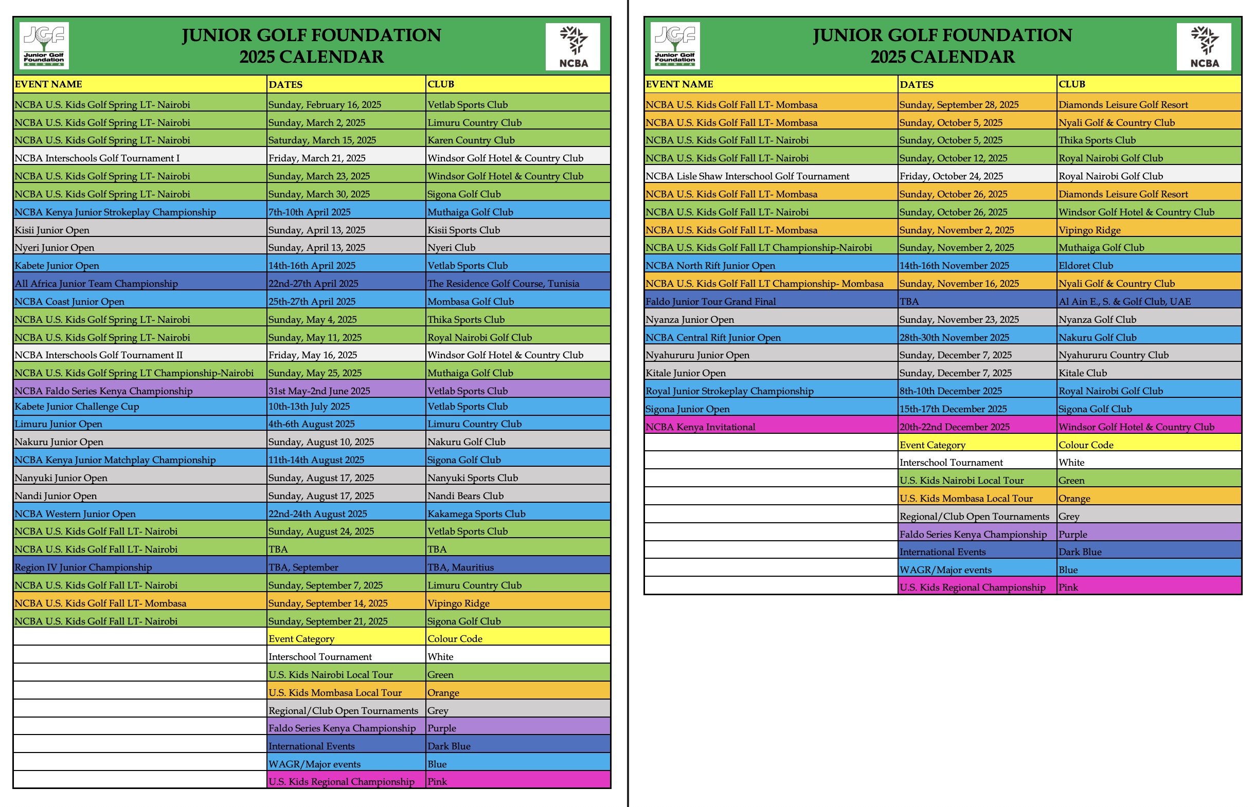 Junior Golf Foundation Calendar